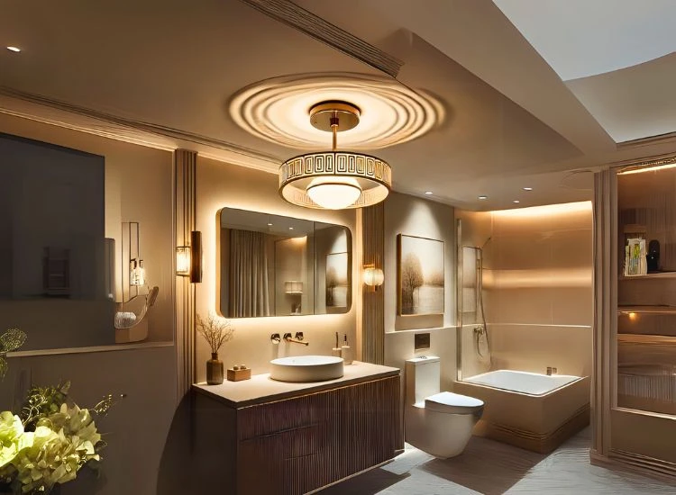 A bathroom with a semi-flush mount light A bathroom with a semi-flush mount light