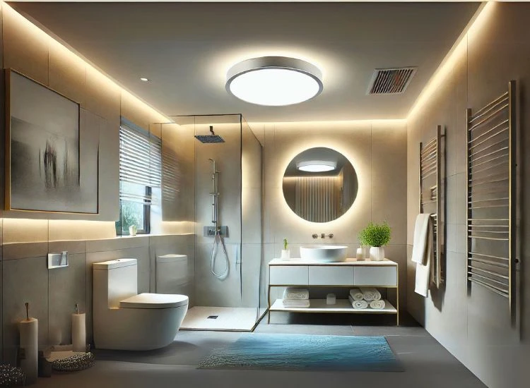 A modern bathroom illuminated by a stylish ceiling light A modern bathroom illuminated by a stylish ceiling light
