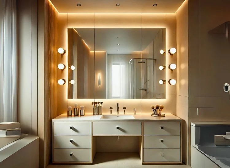 A modern bathroom showcasing vanity lighting A modern bathroom showcasing vanity lighting