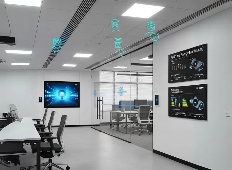 Automation and IoT in Modern A tech-enabled office featuring smart lighting and IoT devices, showcasing modern office interior design blended with advanced corporate interior design technology.
