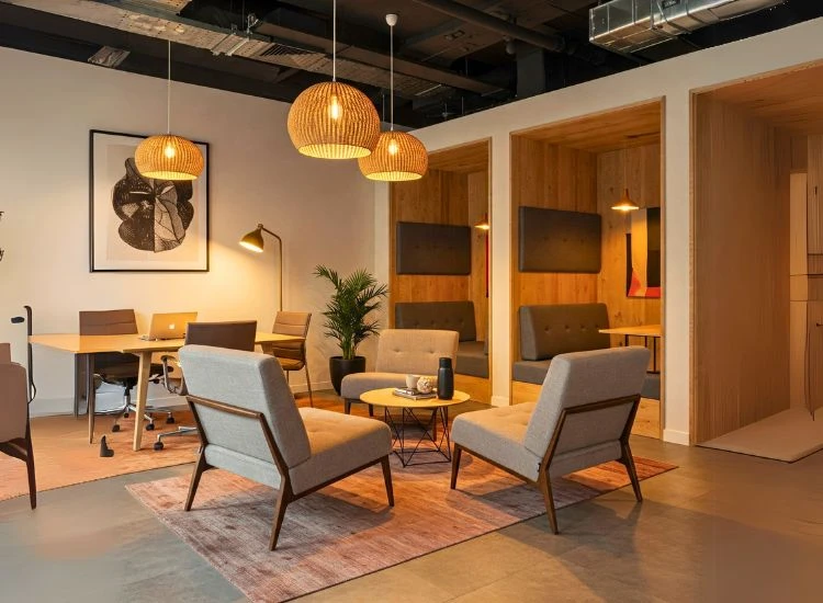 Blending Residential Comfort with Office Needs Resimercial office interior design blending residential comfort with professional needs, creating cozy, productive spaces in modern office layouts with thoughtful design.