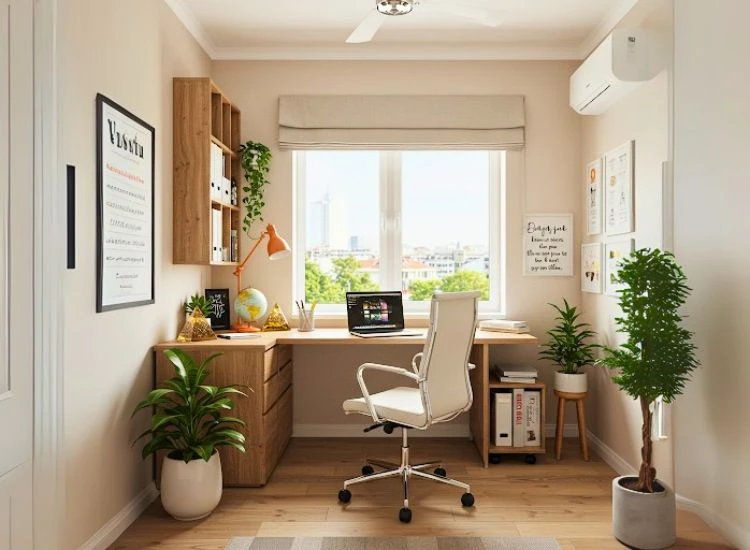 Blocking Your Success Cluttered home office with poor lighting and bad layout, subtly blocking focus and success despite seeming functional.