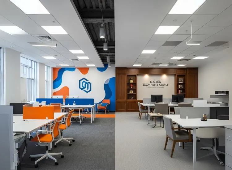 Brand Identity and Cultural Alignment A branded office space showcasing colors, logos, and layout that express company values through corporate interior design and creative office interior design ideas.