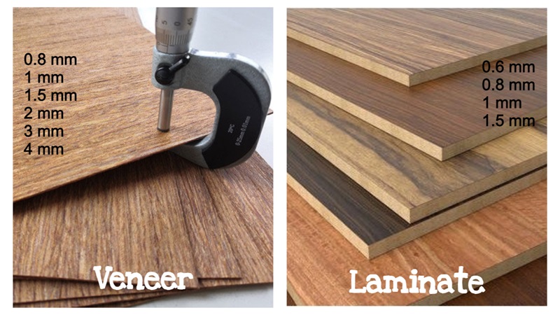 Comparison of veneer and laminate featuring different thicknesses of veneer and laminate sheets