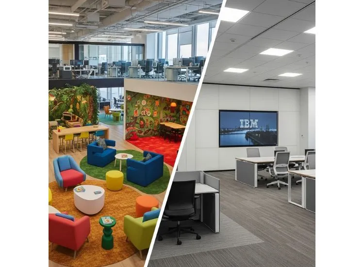Case Study Zappos vs. IBM A visual comparison of Zappos’ playful layout and IBM’s formal setup, reflecting diverse approaches in corporate interior design and modern office interior design