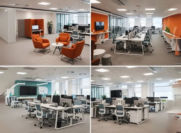 Customization and A dynamic office space with movable furniture and modular zones, showing how modern office interior design supports adaptability in corporate interior design services.