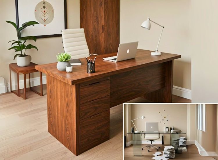 Desk Shape Material A tidy desk with an ergonomic shape and wooden material, showcasing how proper organization and clutter control can enhance focus and productivity.