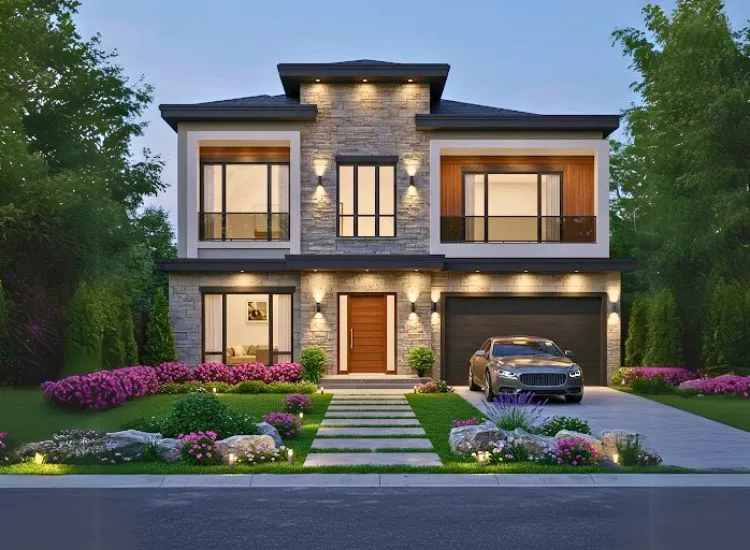 Dream Homefront Elevation Modern home front elevation design showcasing a double-floor layout with stunning architectural details – your dream house exterior.