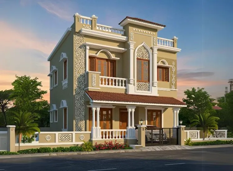 East India Cultural East Indian home front elevation design, blending traditional cultural elements with modern architecture in a stunning double-floor facade.