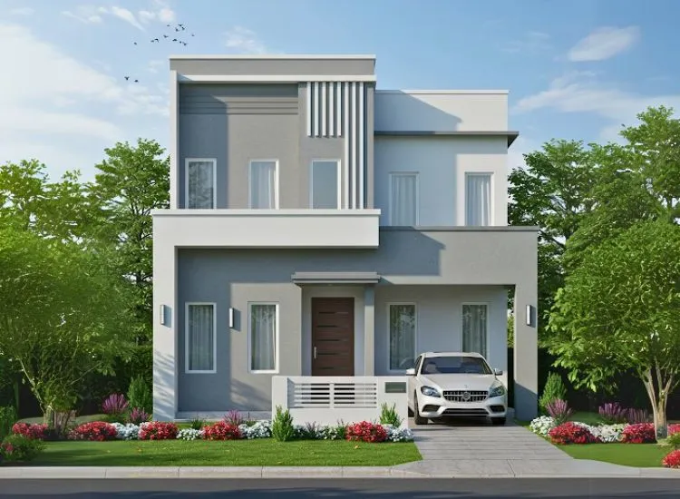 Flat Roof Design Contemporary home front elevation design with a flat roof and sleek horizontal detailing, creating a clean and stylish double-floor exterior.