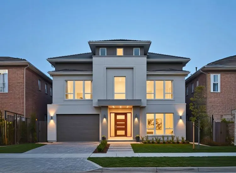 Focus on Proportion Balance Home front elevation design emphasizing proportion, balance, and intricate detailing for a harmonious and visually appealing double-floor facade.