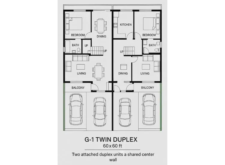 G1 Sample Plan 10 "60x60 ft G+1 twin duplex south facing house plan with vastu-compliant layout, spacious design, and modern front elevation"