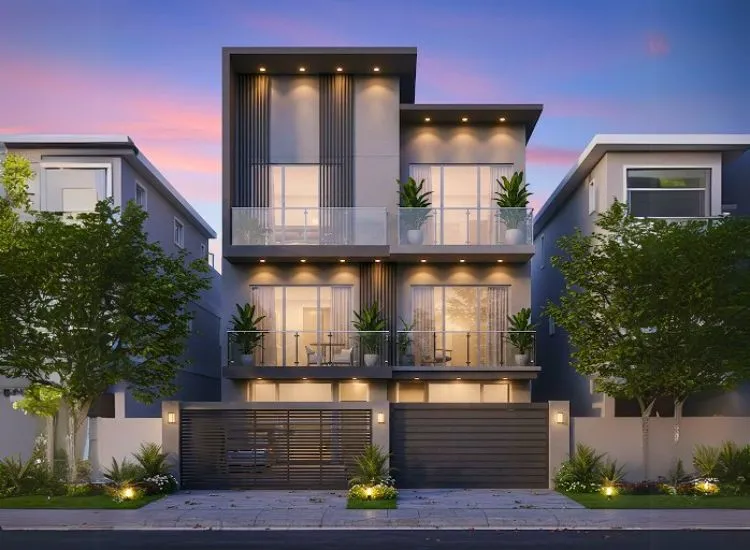 Glass and Steel Combinations Contemporary home front elevation design featuring glass and steel combinations, offering a sleek, modern aesthetic for the double-floor exterior.