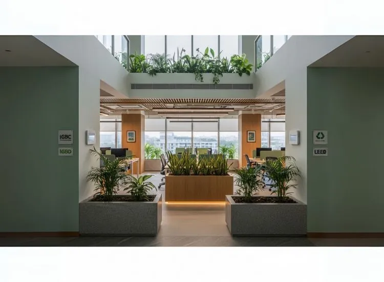 Green Certifications in Office An eco-friendly office space in India designed with energy-efficient features, blending corporate interior design and modern office interior design for green certification.