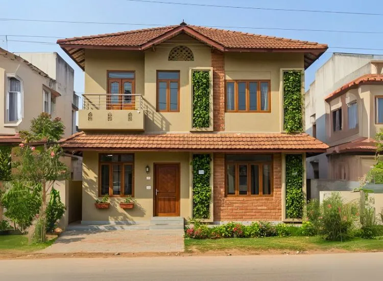 Green Facade Designs Biophilic home front elevation design with vertical gardens and green facades, merging nature with modern double-floor architecture.