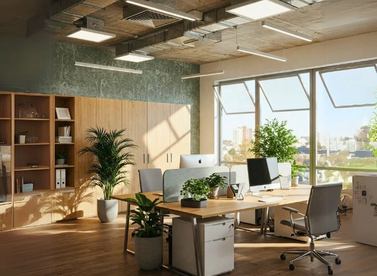 Indoor Air Quality Matters in Office Interior Design Office interior design focusing on improving indoor air quality through smart layout and materials, enhancing health and productivity in small office spaces with modern design.