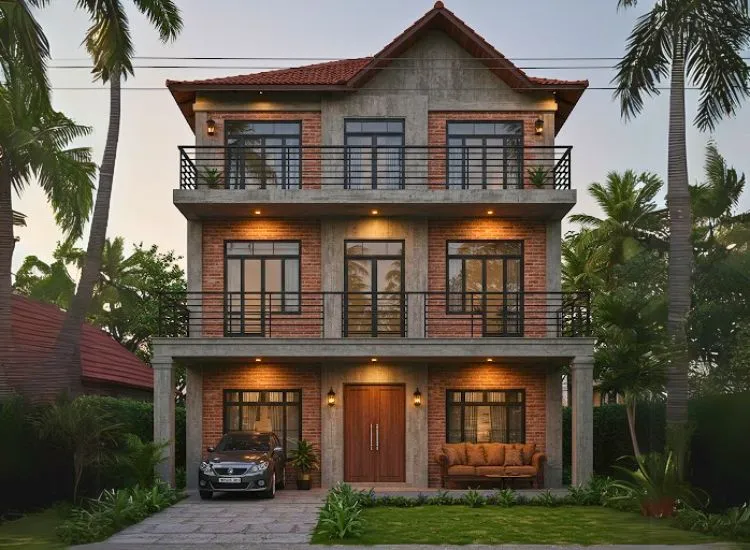 Industrial and Rustic Fusion Industrial and rustic style home front elevation design with exposed materials and a robust double-floor structure for a bold look.