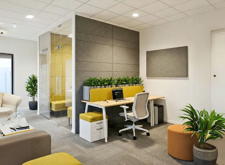 Interior Design in Office Settings Interior design in office settings with sound management features, enhancing focus and productivity in small office interior design through smart acoustics and layout.
