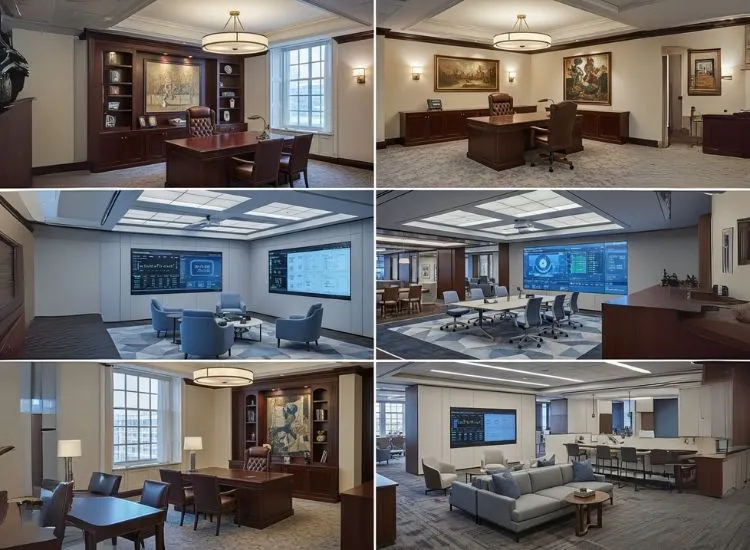 JPMorgan Chase JPMorgan Chase office interiors showcasing a fusion of classic and contemporary aesthetics, merging corporate interior design with modern office interior design elements.