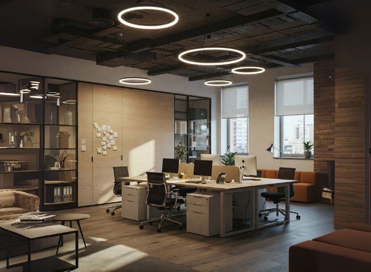 Lighting in Modern Office Interior Design Purposeful lighting in modern office interior design enhancing workspace ambiance, focus, and efficiency in a small office with smart interior design in office.