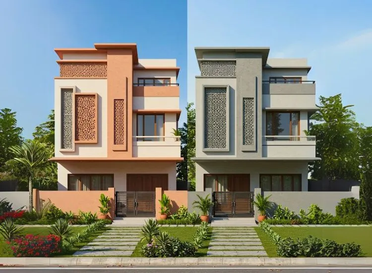 Local Climate and Material Suitability Home front elevation design tailored to local climate and material suitability, ensuring durability and comfort for the double-floor structure.