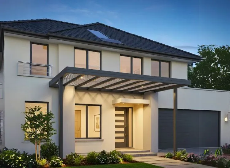 Minimal Front Pergola Contemporary home front elevation design with a minimal front pergola or canopy extension, adding elegance to the double-floor structure.