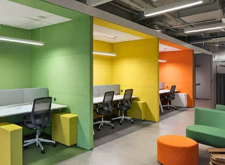 Modern Office Interior Design Modern office interior design utilizing color psychology to enhance focus and productivity in small office spaces, with vibrant yet balanced interior design in office.