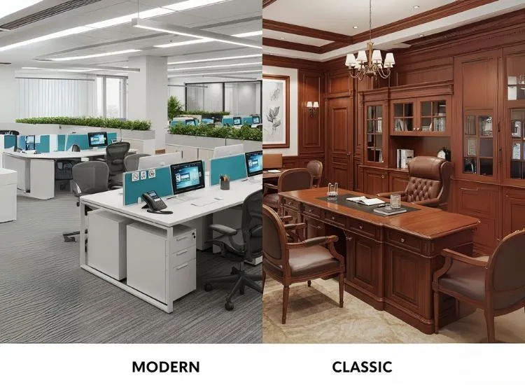 Modern vs. Classic A side-by-side view of classic and modern office setups highlighting differences in features, style, and costs in office interior design ideas and corporate office interior design.