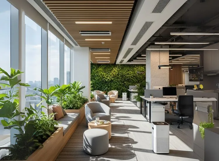 Natural Light Biophilic Elements A bright workspace filled with greenery and sunlight, combining biophilic principles with modern office interior design and smart corporate interior design planning.