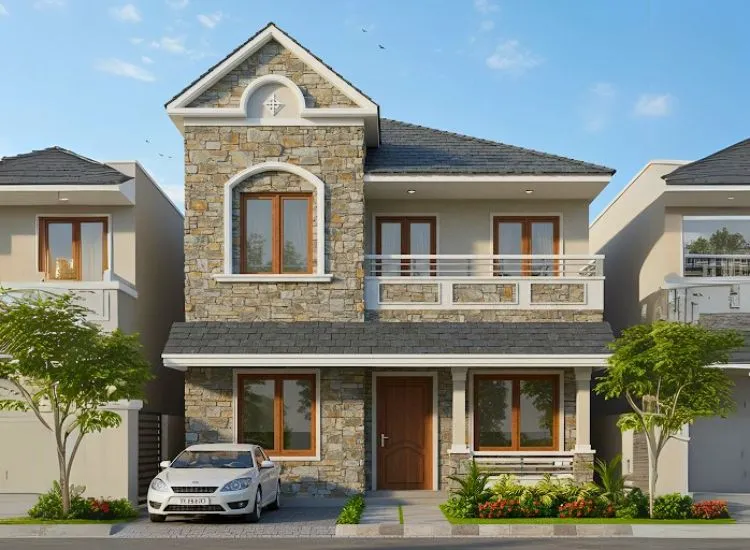 Natural Stone and Textured Cladding Home front elevation design with natural stone and textured cladding, creating a rugged yet modern look for the double-floor exterior.