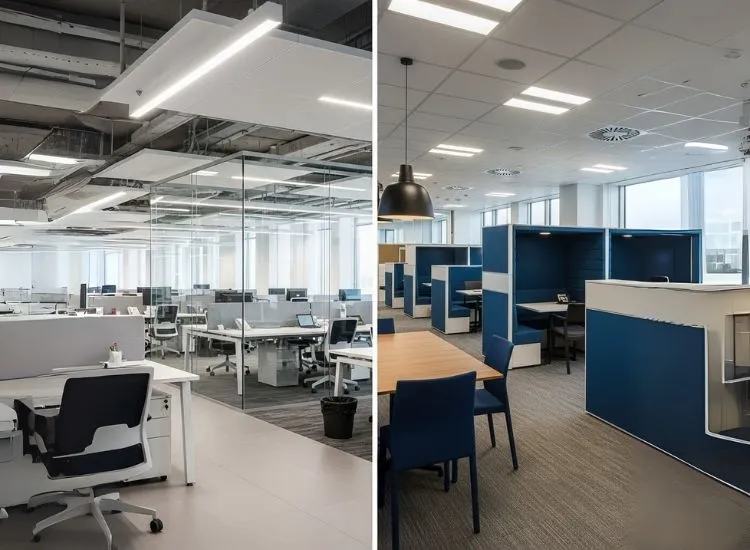 Open vs. Classic Corporate Office Layouts A comparison between open-plan and classic enclosed layouts, focusing on how corporate interior design and office interior design ideas handle privacy and confidentiality.