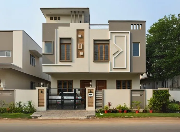Painted Wall Niches Home front elevation design with painted wall niches and geometric designs, enhancing the modern double-floor structure with bold artistic details.