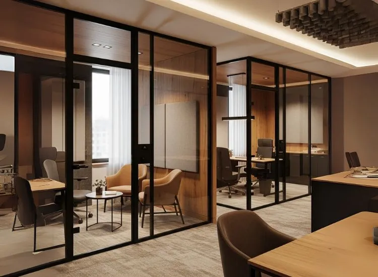Privacy and Noise Control A quiet office cabin setup with soundproofing and enclosed zones, highlighting corporate office interior design and functional office interior design ideas.