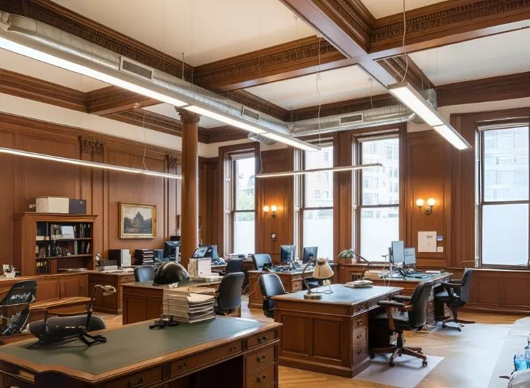 Retrofitting Classic Commercial Interiors A renovated classic office interior upgraded with LED lighting and insulation, merging corporate interior design with smart modern office interior design solutions.