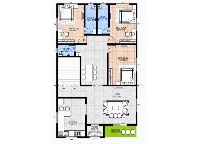 Sample Plan 2 "30x50 ft double floor 3BHK south facing duplex house plan with vastu layout and modern elevation design"
