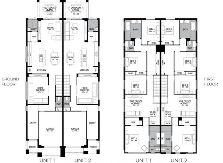 Sample Plan 4 "40x60 ft modern twin house plan with two 20x60 ft south facing units, featuring vastu design and contemporary front elevation"