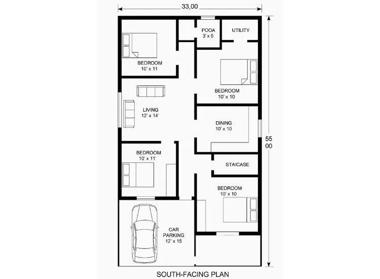 Sample Plan 6 "33x55 ft 3BHK south facing house plan with parking space, vastu layout, and modern front elevation design"