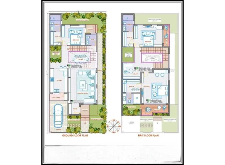 Sample Plan 9 "30x60 ft duplex south facing house plan with vastu features, two-story layout, and modern front elevation design"
