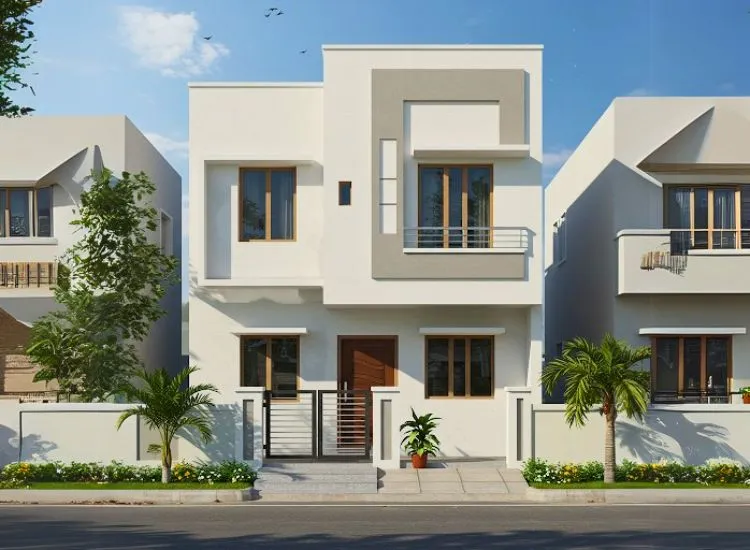 Simple Box Style Modern Simple box-style modern home front elevation design with a flat roof and clean double-floor lines for a sleek minimalist look.