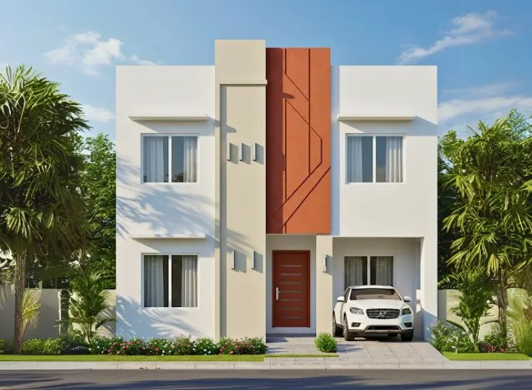 Single Tone Color Palette Modern home front elevation design in a single-tone color palette with stylish accent walls enhancing the double-floor facade.