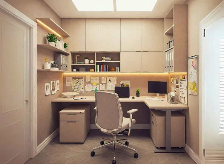 Small Office Interior Design Tip Smart storage solutions in small office interior design, promoting an organized workspace with efficient layout and thoughtful interior design in office spaces.