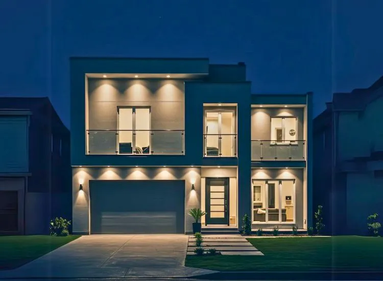 Smart Lighting in Facade Home front elevation design featuring smart lighting, enhancing the double-floor facade with dynamic illumination for a modern, energy-efficient look