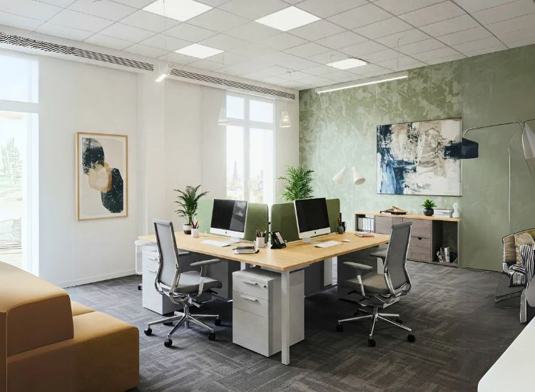 Smart Space Planning in Office Interior Designs Smart space planning in small office interior design showcasing a seamless flow, efficient layout, and modern interior design in office environments.