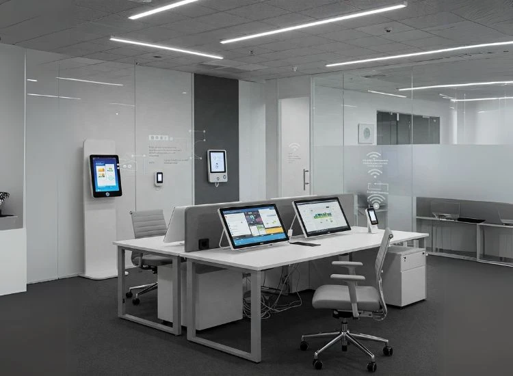 Smart Tech Integration From Booking Desks to Controlling Lighting Smart tech integration in office interior design, from booking desks to controlling lighting, enhancing efficiency and comfort in modern office spaces with seamless design.