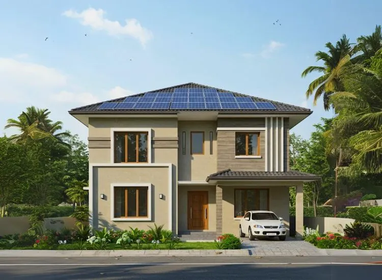 Solar Panels with Roof Design Home front elevation design with integrated solar panels on the roof, combining sustainability and modern double-floor architecture.