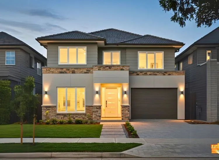 Stone Strip Borders Home front elevation design featuring stone strip borders or corners, adding a natural, textured finish to the modern double-floor facade.