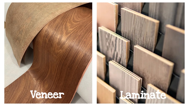 The sample of veneer vs laminate showcasing unique colors, grains, and textures of veneer and laminates