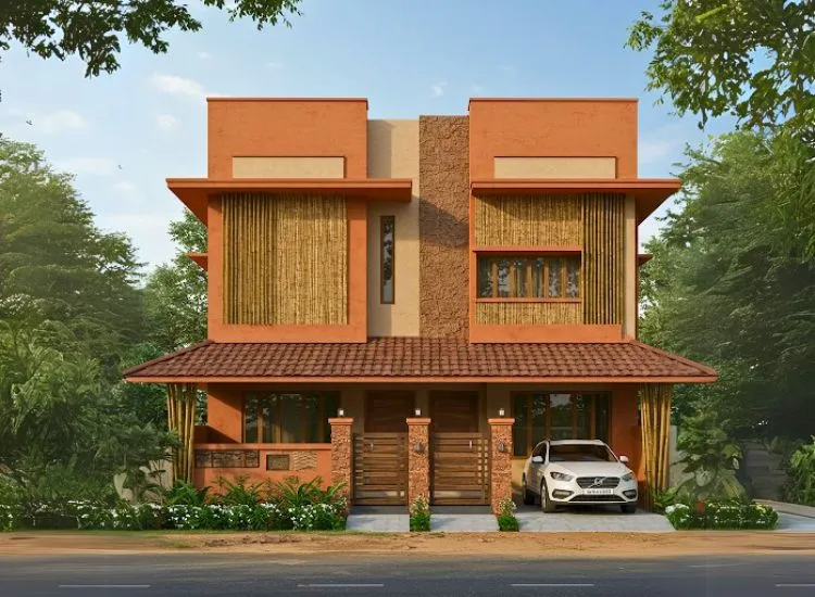Terracotta Bamboo Home front elevation design incorporating terracotta, bamboo, and other sustainable materials, enhancing the double-floor facade with eco-friendly charm.