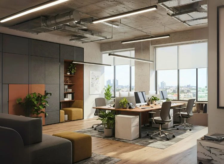 The Interconnected Nature of Office Interior Designs An interconnected office interior design emphasizing flow, collaboration, and layout efficiency in a small office with modern interior design in office.