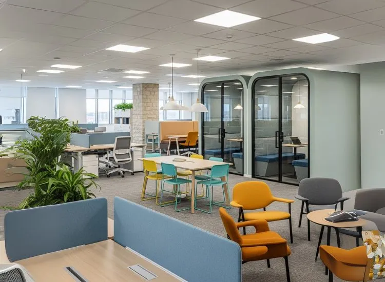 The Psychology An innovative workspace that reflects modern office interior design principles influenced by employee behavior and smart corporate interior design strategy.